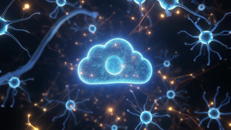 Digital Cloud Icon Surrounded by Glowing Neural Network Connections