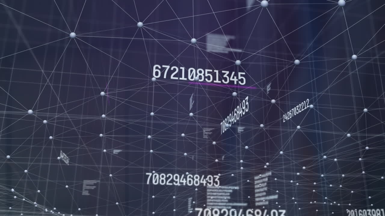 Animation of changing numbers, data processing and network of connections against tall buildings