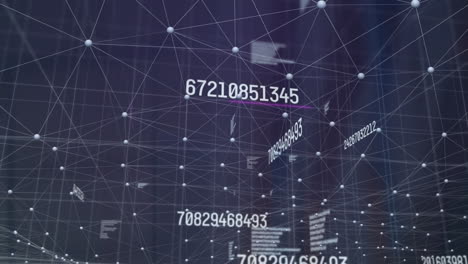 animación de números cambiantes, procesamiento de datos y red de conexiones contra edificios altos