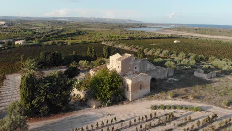 wide view of old abandoned farm surround by vineyards at italy, aerial