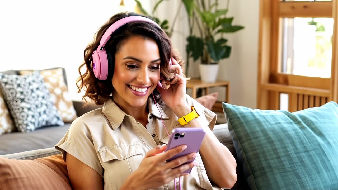 mujer disfrutando de la música en su teléfono