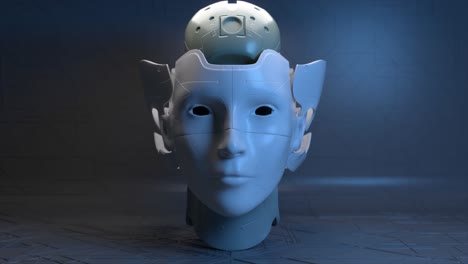 Futuristic-Concept-The-Robot's-Ceramic-Head-Opens-to-Reveal-a-Metallic-Brain-and-Neon-Eyes-Blue-Neon