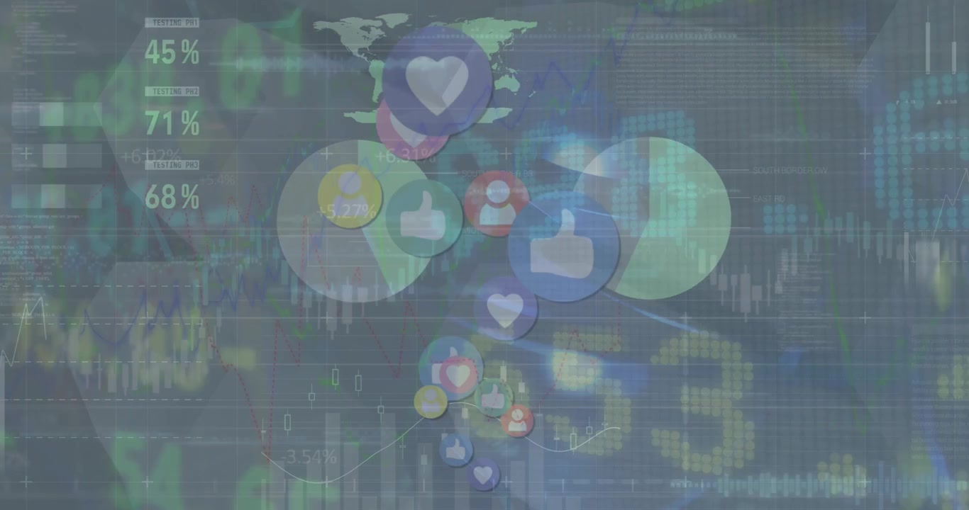 Animação de dados financeiros e reações de mídias sociais sobre um fundo cinza.