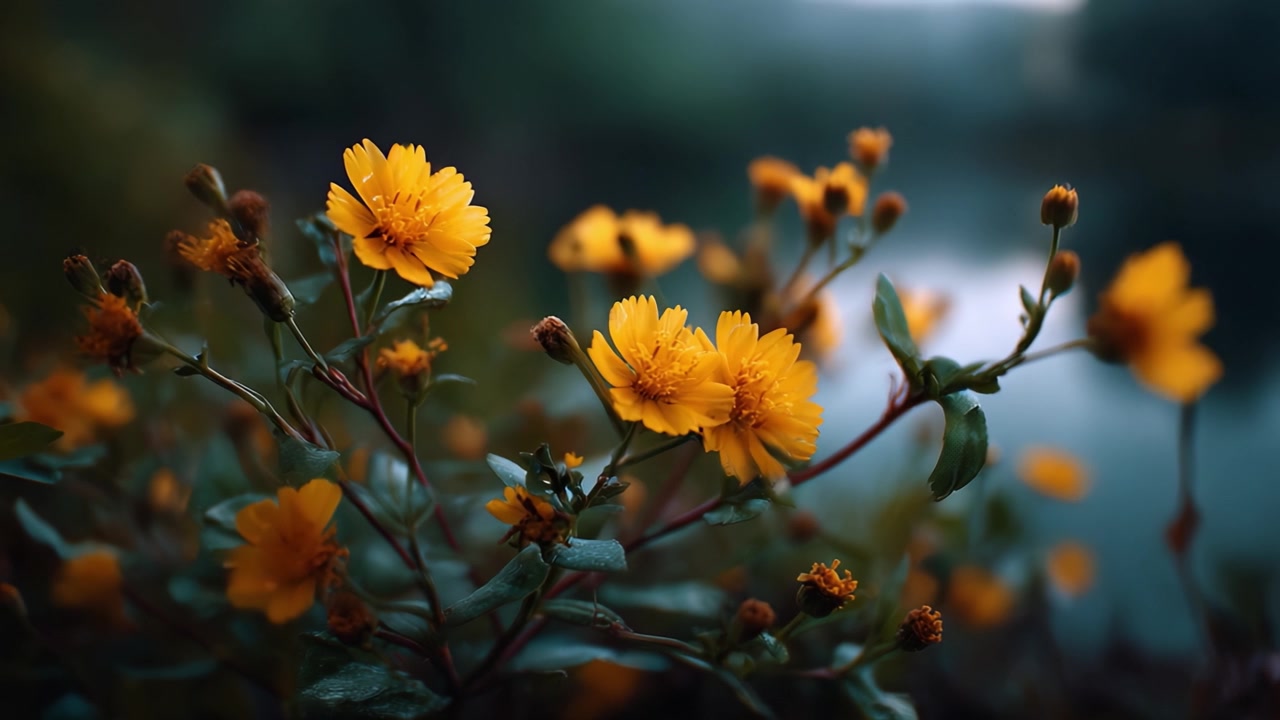 Vivaci fiori selvatici gialli a fuoco morbido vicino a uno specchio d'acqua tranquillo, che catturano la bellezza dei colori stagionali della natura e della flora delicata in primo piano