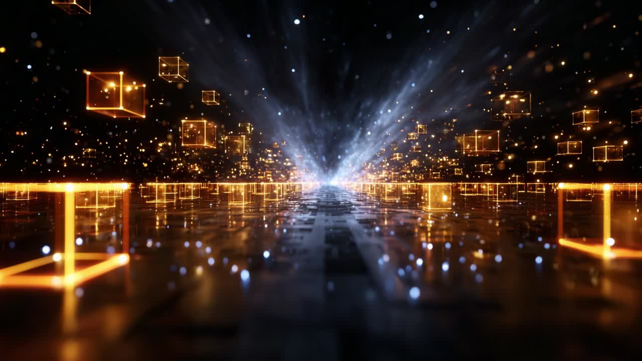 An Illuminating Journey Through a Digital Dimension: A Dynamic Perspective of Light, Particles, and Geometric Shapes in a Futuristic Visualization of Energetic Space