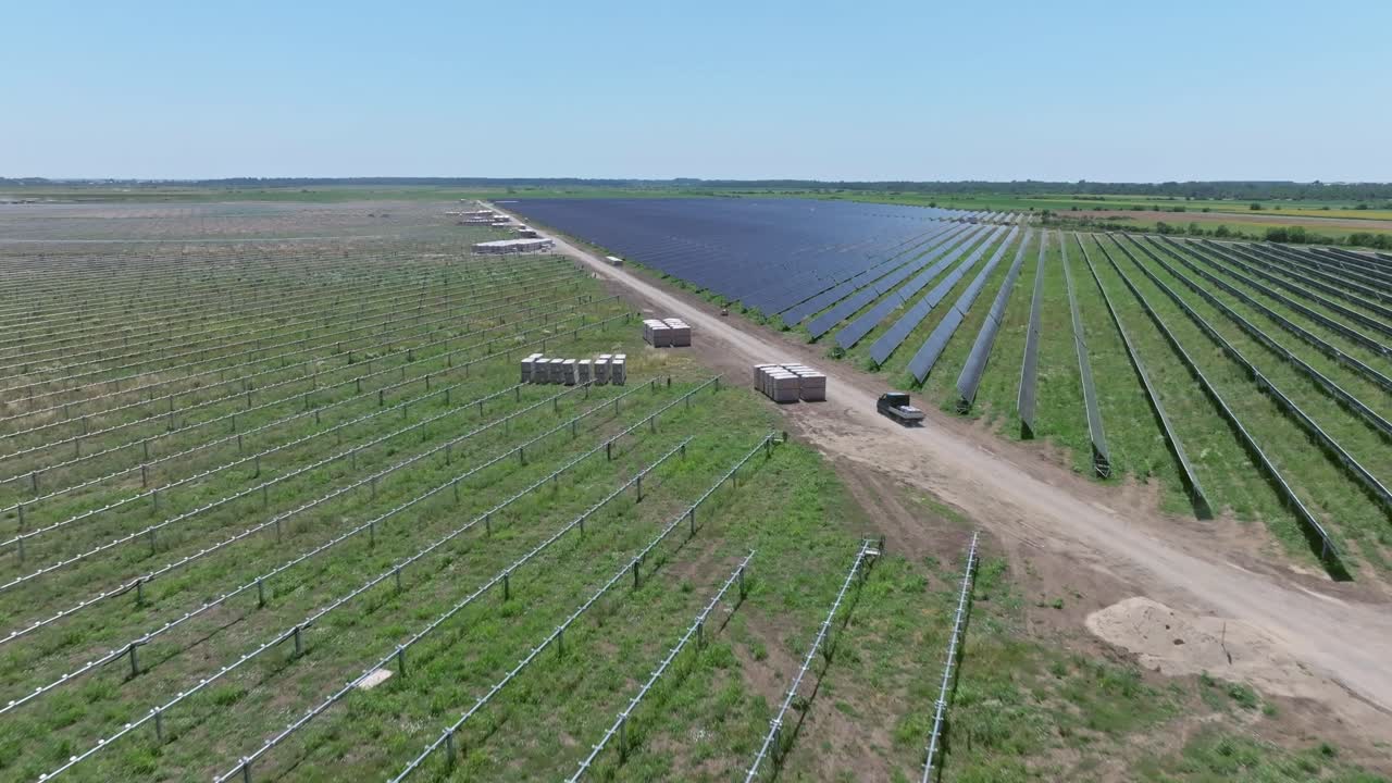 Solar farm landscape with panels under clear blue sky on a sunny day