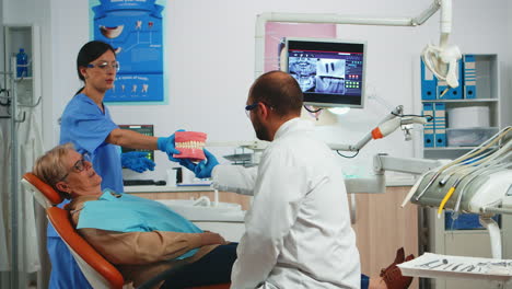 stomatologist explaining dental hygiene using dental skeleton