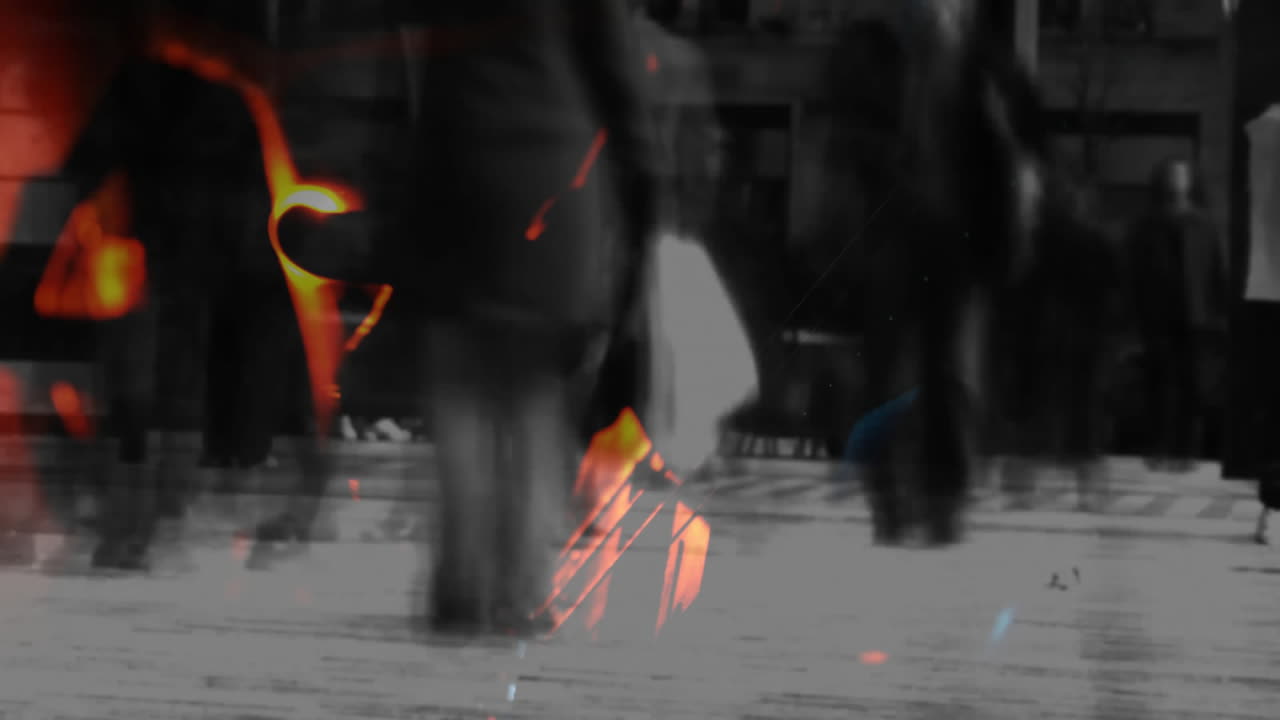 Central crouched figure holding glowing device in urban double-exposure with pavement silhouettes