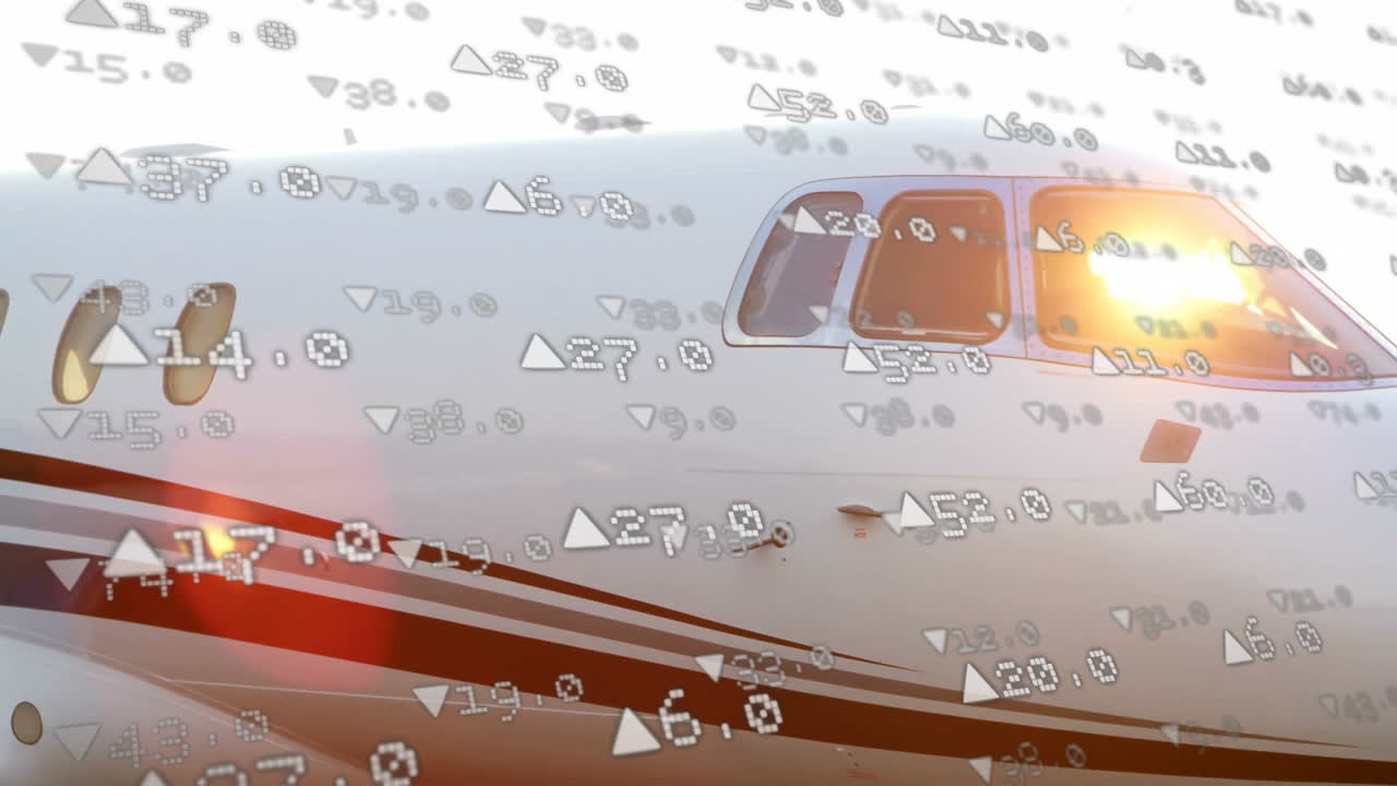 Animation of airplane flying with financial data and stock market symbols overlaying