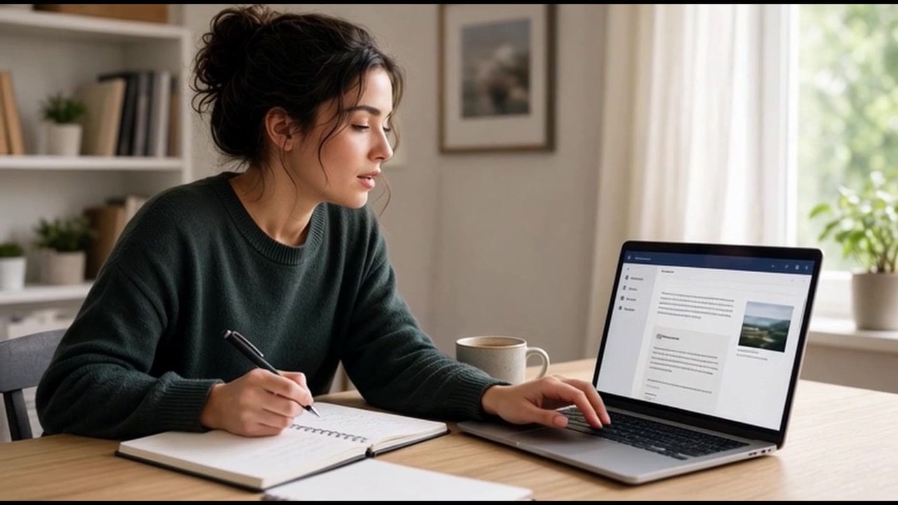 Young Woman Studying Online Course on Laptop at Home