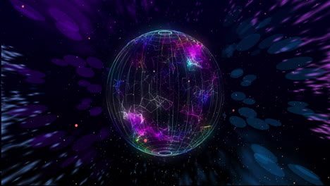 animation of purple light trails and globe on black background