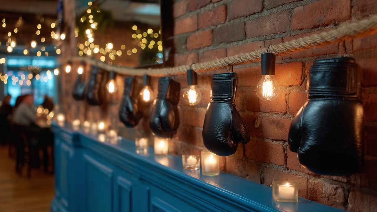 A Unique Decor Featuring Boxing Gloves and Soft Lighting in a Cozy Space, Perfectly Blending Sport with Ambiance for an Inviting Atmosphere