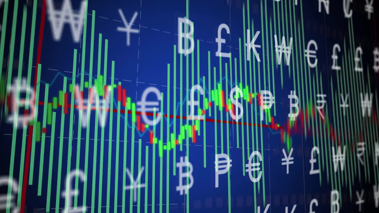 Animation of currency symbols overlaying stock market graph on blue background