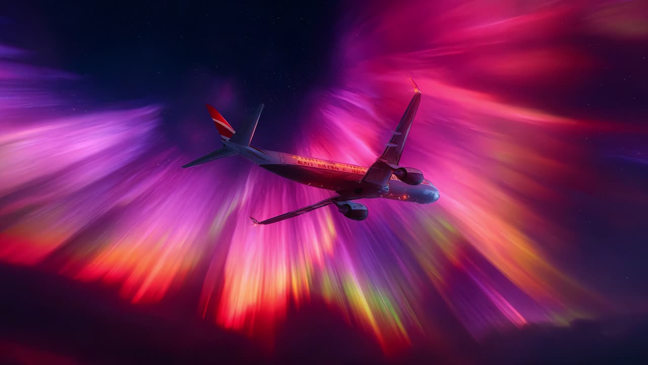 Gece gökyüzünde renkli ışıkların canlı bir gösterisi içinde süzülen bir uçak, uçuşta bir aurora borealis'i anımsatan nefes kesen bir sahne yaratıyor
