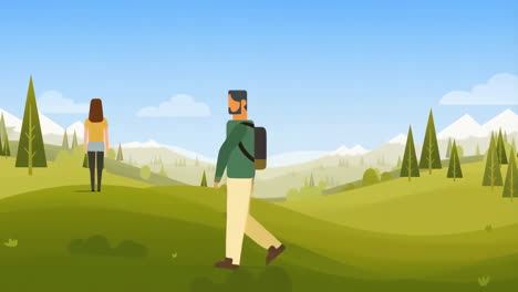 stylized illustration of people hiking in a mountain landscape