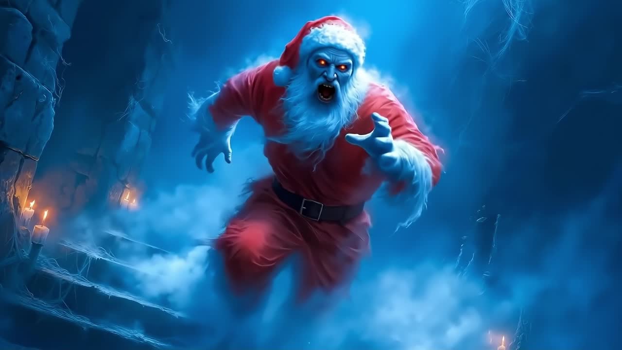 A santa claus is running through a dark tunnel with candles