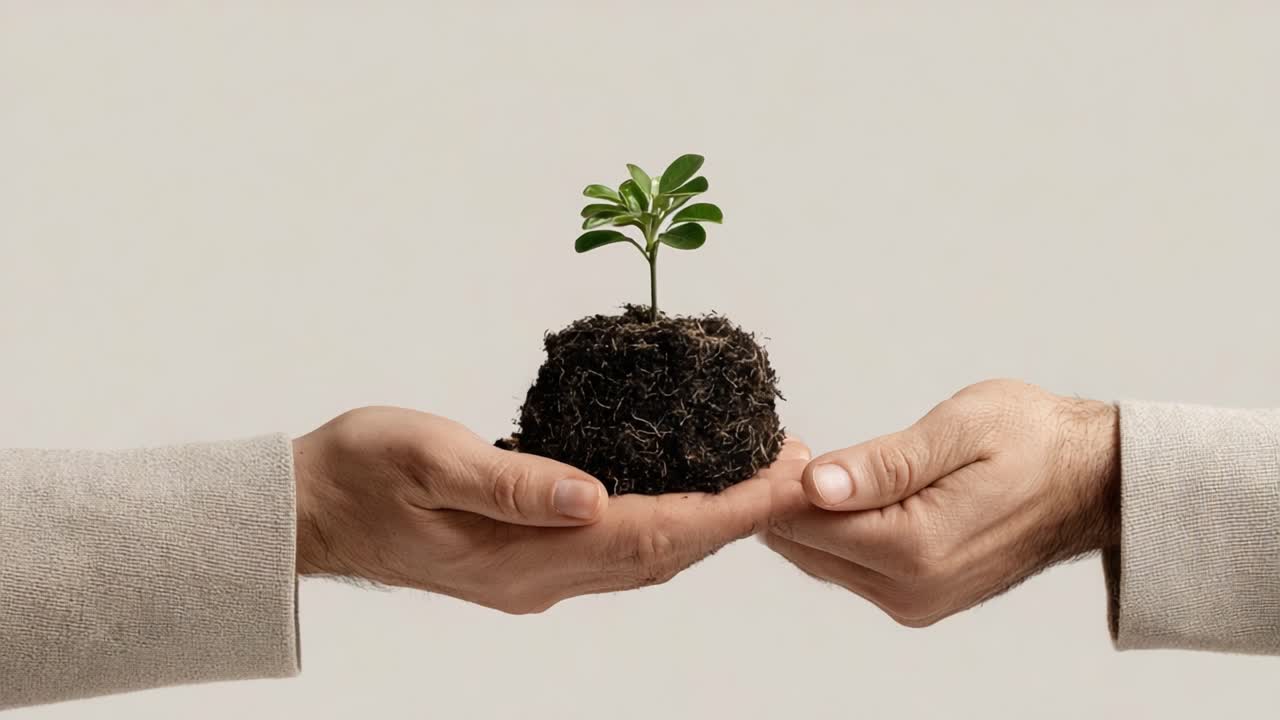 Symbolic Exchange of Nature: Two Hands Pass a Young Plant, Representing Growth, Sustainability, and the Importance of Nurturing Our Environment for Future Generations