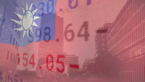 animation of flag of taiwan over stock market and cityscape