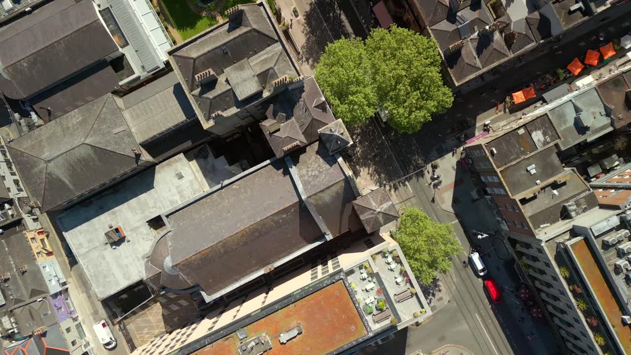 Rising overhead aerial video of St Ann's Church in Dublin City Centre, Ireland on a bright and sunny day. Filmed in 4K, 60FPS and with Rec709 color.