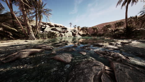 oasis lake in desert surrounded high yellow sand dunes