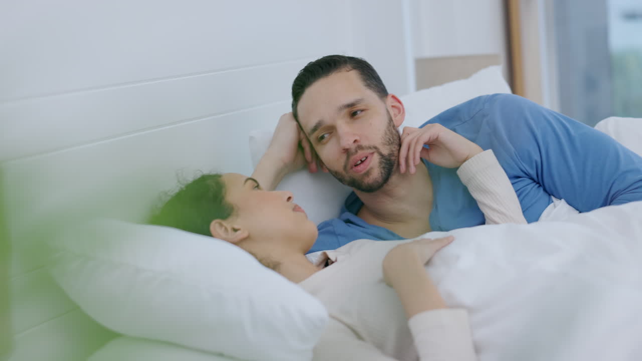 Marriage, bedroom and couple with love