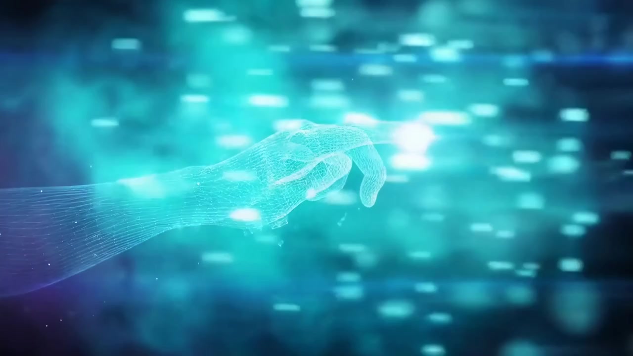 Mano Digitale a Wireframe con Rete Luminosa che si Dissolve in Particelle