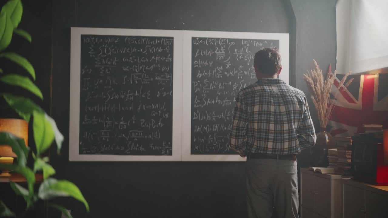 A man stands before a blackboard full of complex formulas, pacing and stroking his chin in deep thought. A concept of a scientist or genius at work on a difficult problem
