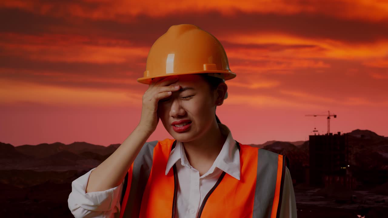 해가 지는 동안 스트레스를 받는 건설 노동자