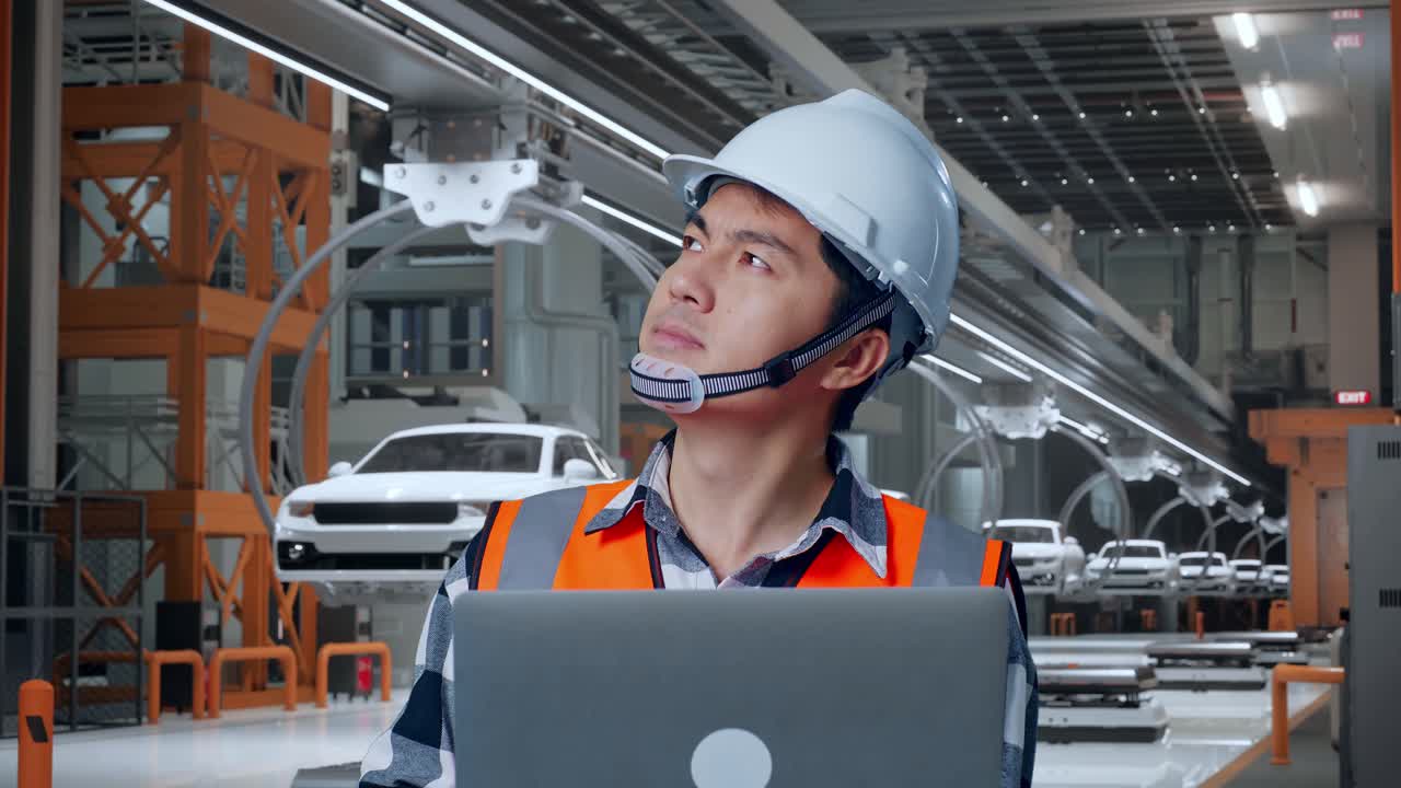 안전 헬을 입은 아시아 남성 엔지니어가 노트북에서 일하고 ev 자동차 공장에서 서 있는 동안 주변을 둘러보고 있습니다.