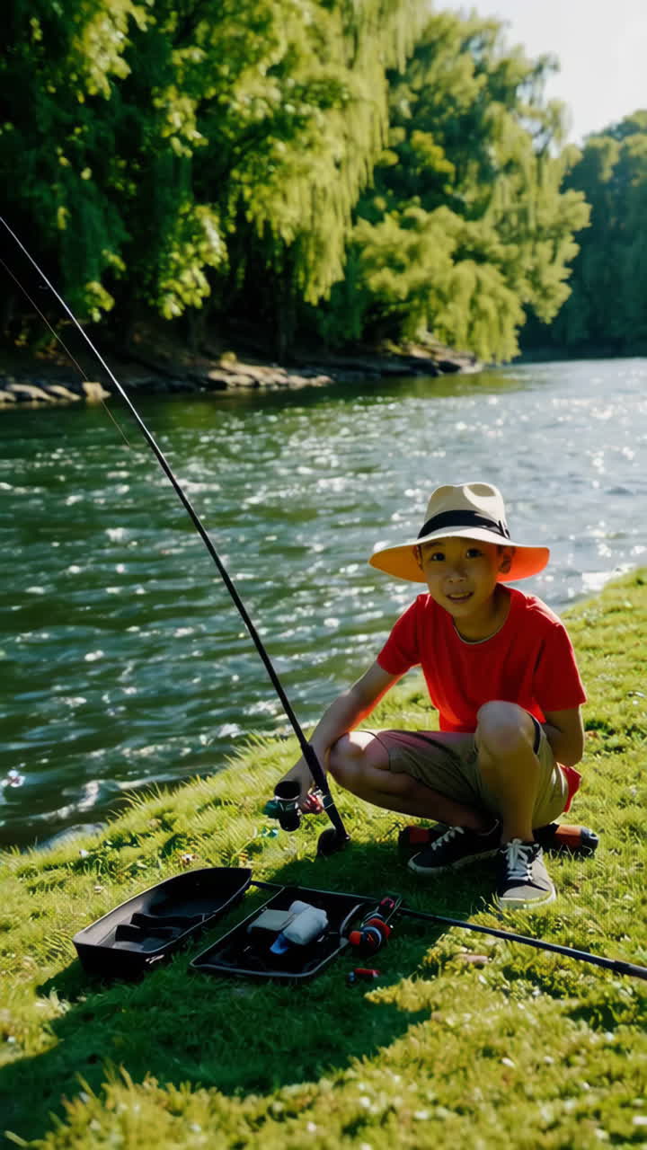 Anak Laki-laki Muda Memancing di Tepi Sungai