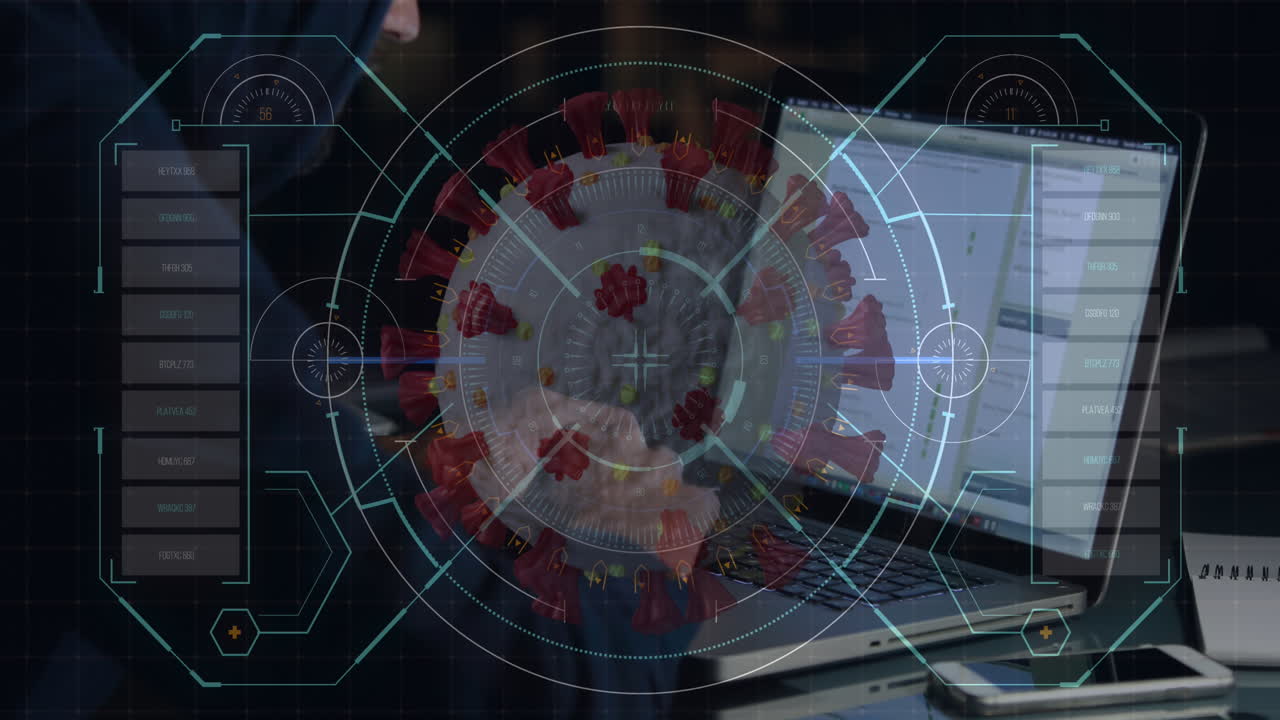 animación de un hacker encapuchado sobre una célula de coronavirus covid-19 flotando