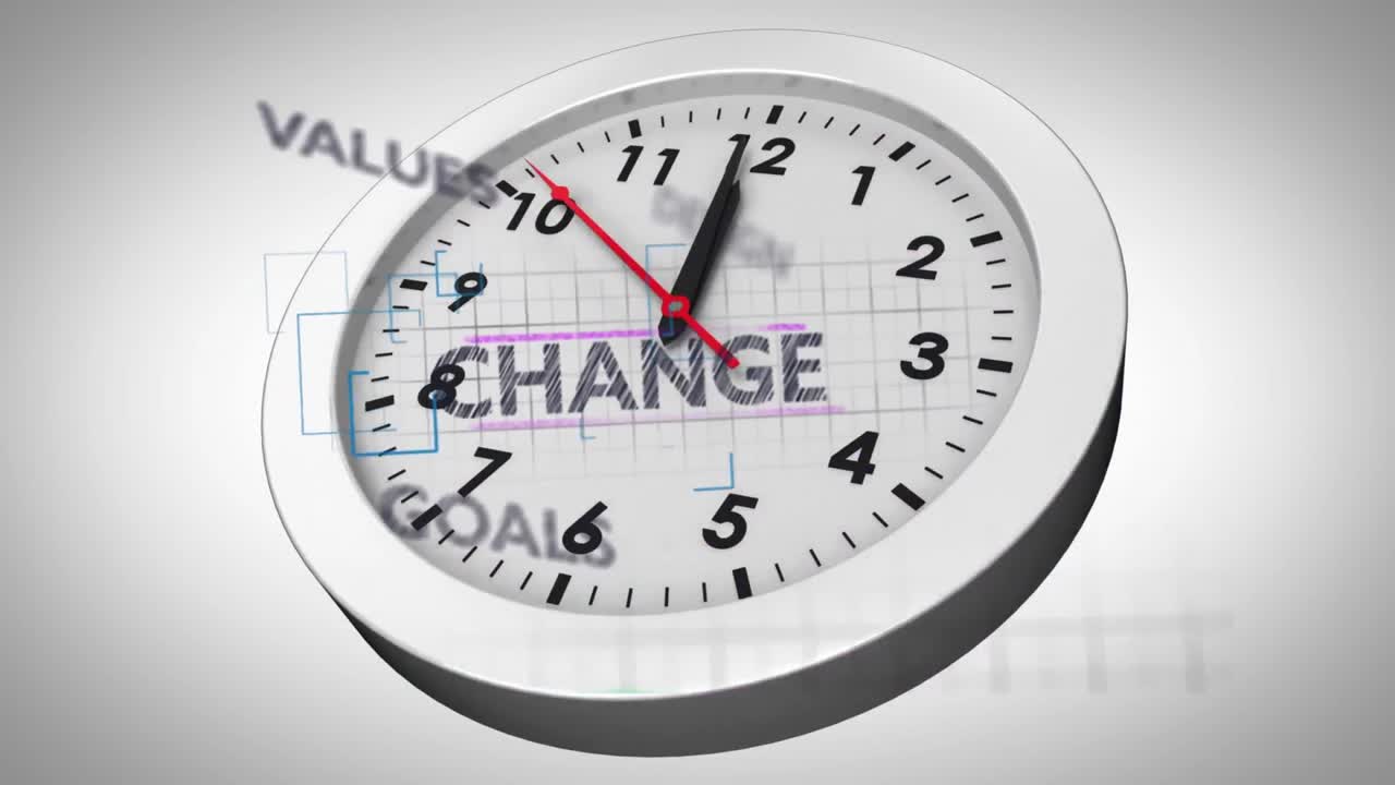 Animation of inspiration, value, solution over clock moving on grey background
