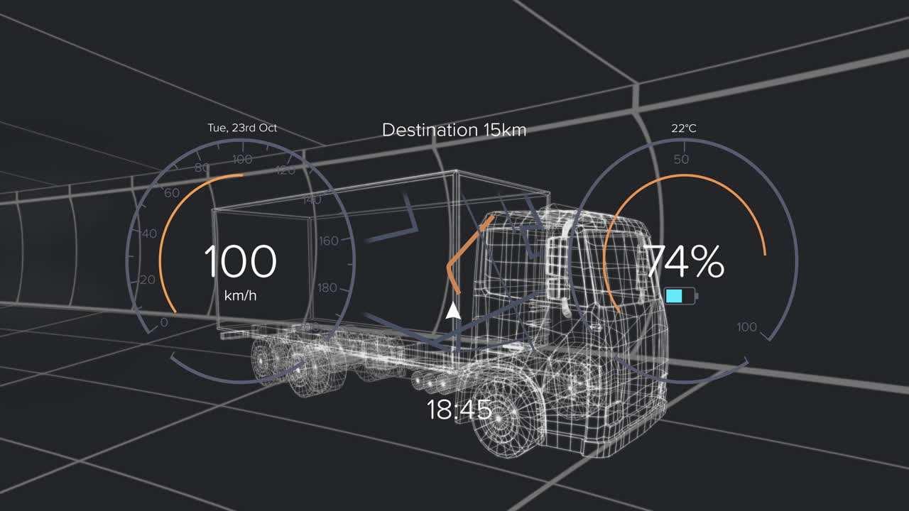 Wireframe semi?truck and trailer moving through dark virtual tunnel, displaying HUD gauges