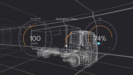 wireframe semi?truck and trailer moving through dark virtual tunnel, displaying hud gauges