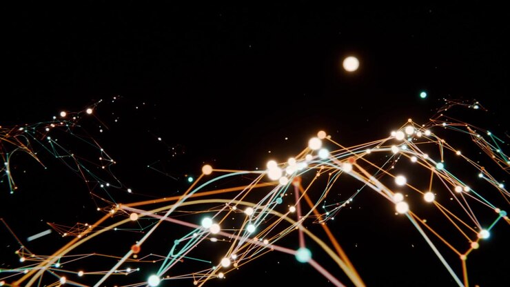 Emerging from black void glowing node-edge mesh forming rolling data hills, with teal orange nodes