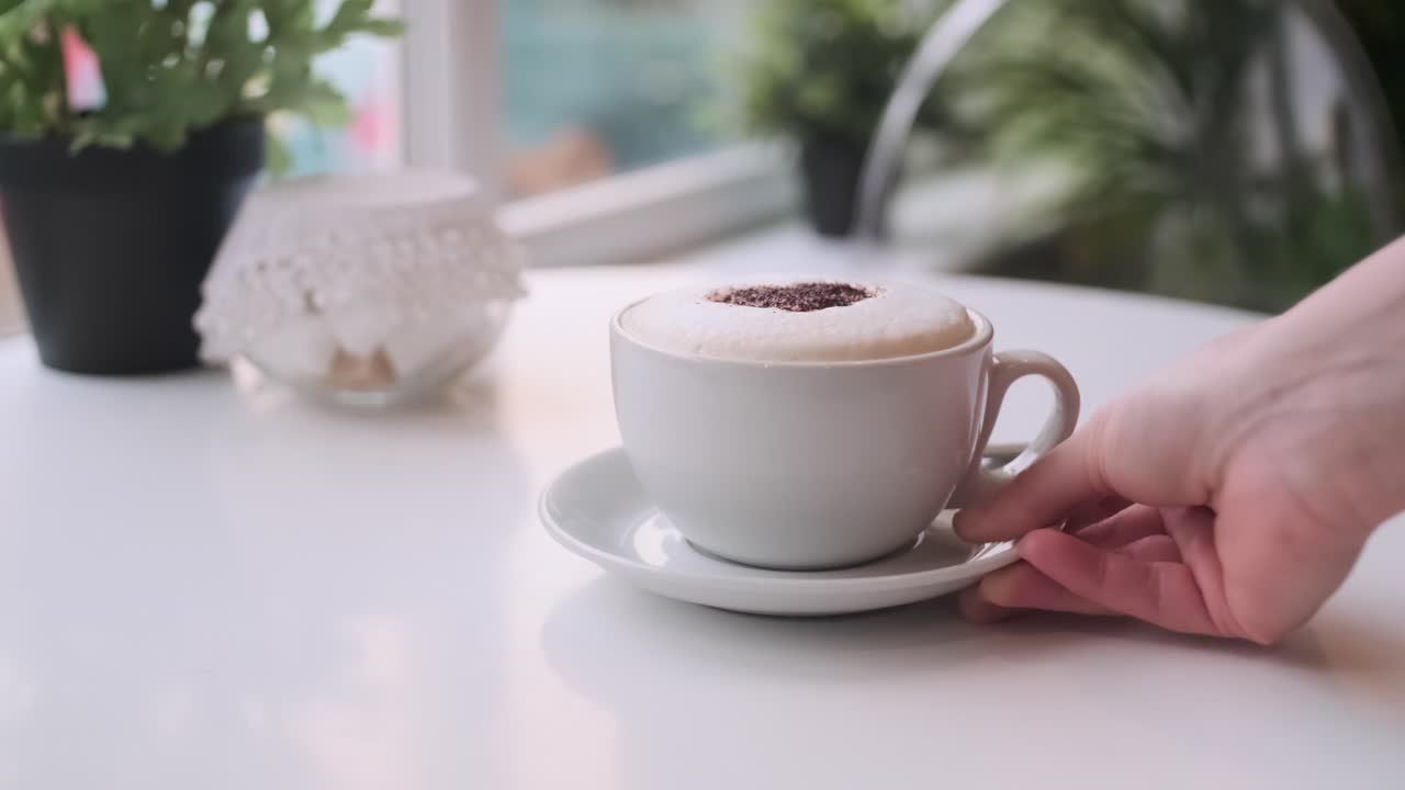 captura de pantalla de una mano entregando un hermoso capuchino a una elegante mesa de café