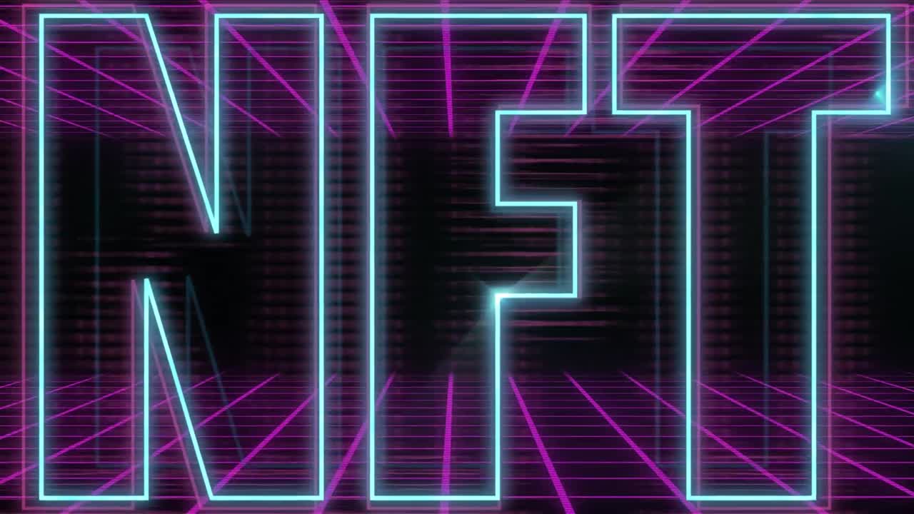 Animazione digitale di banner di testo NFT al neon su rete a griglia viola su sfondo nero