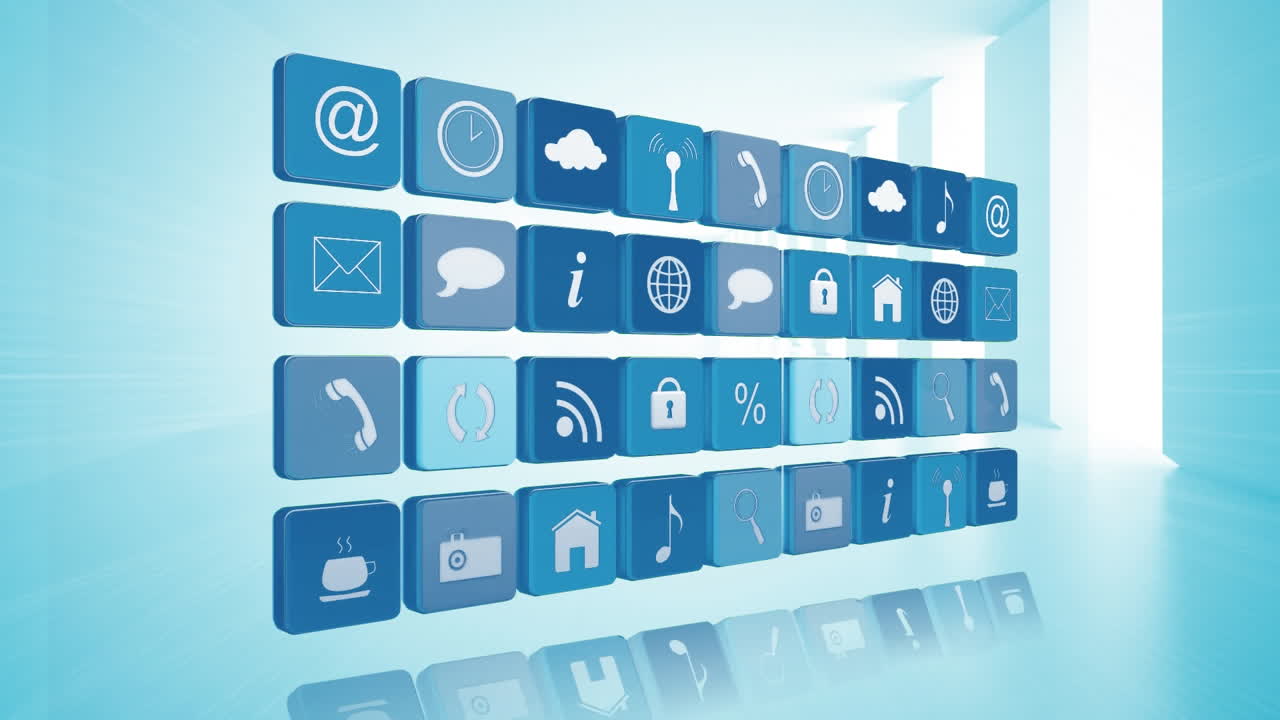 Animation of rows of digital icons over blue background