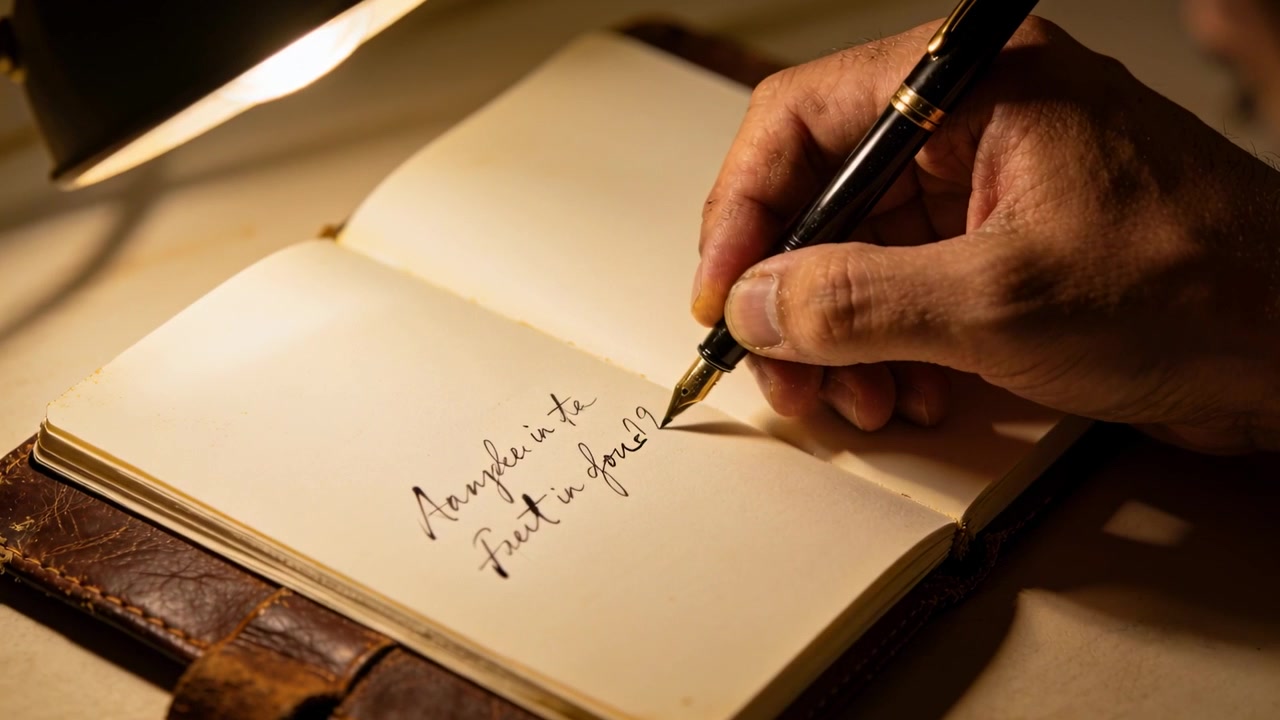 Pena menyentuh halaman, tangan kanan menulis kursif dengan pulpen di jurnal di bawah lampu, sedang menulis jurnal.