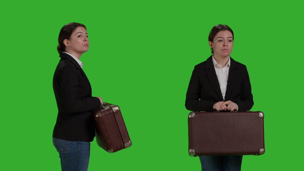 초록색 화면에 수하물을 가진 사업가