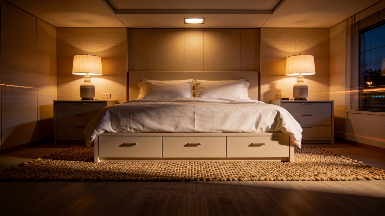 Inquadrando un letto a piattaforma con pediera a tre cassetti in camera da letto, lampade accese, luce che cambia.