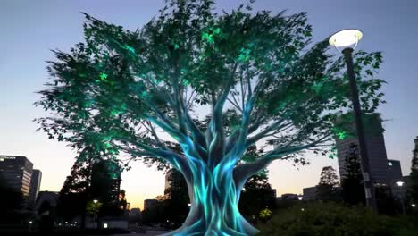 a mesmerizing illuminated tree at dusk, showcasing a fusion of nature and technology in a serene urban park setting, highlighting its striking aesthetic appeal and colorful features