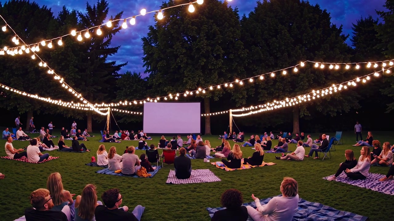 Group of People Watching an Outdoor Movie in a Park at Night