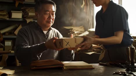 a skilled artisan engaging in traditional craftsmanship with leather in a workshop, showcasing attention to detail and passion for the art of bookbinding