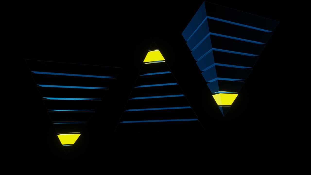 네온으로 반이는 떠다니는 피라미드의 추상화입니다.