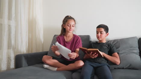 siblings studying on couch as girl holds papers and taps brother reading book to show her work with excitement while he looks over, smiles with approval, and nods happily during relaxed study