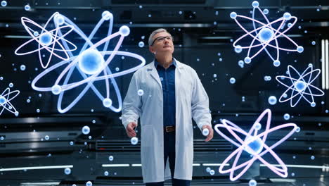 Scientist in a lab surrounded by glowing atomic structures