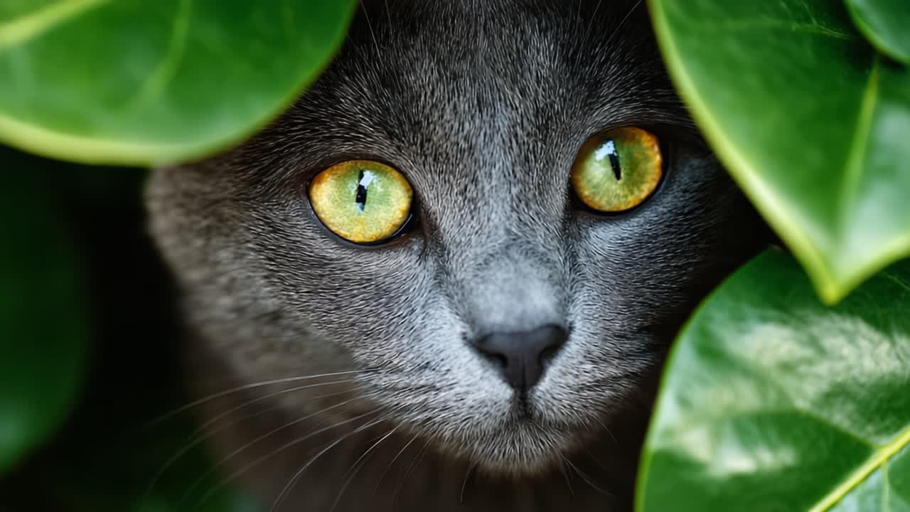 Gatto Curioso Nascosto Dietro le Foglie: Un Primo Piano Sorprendente di un Felino Grigio con Incantevoli Occhi Verdi Che Sbircia da una Vegetazione Rigogliosa.