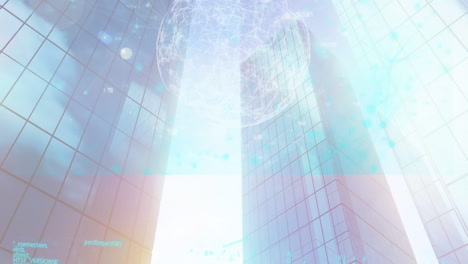 animación de interfaz múltiple sobre vista de ángulo bajo de edificios en el fondo