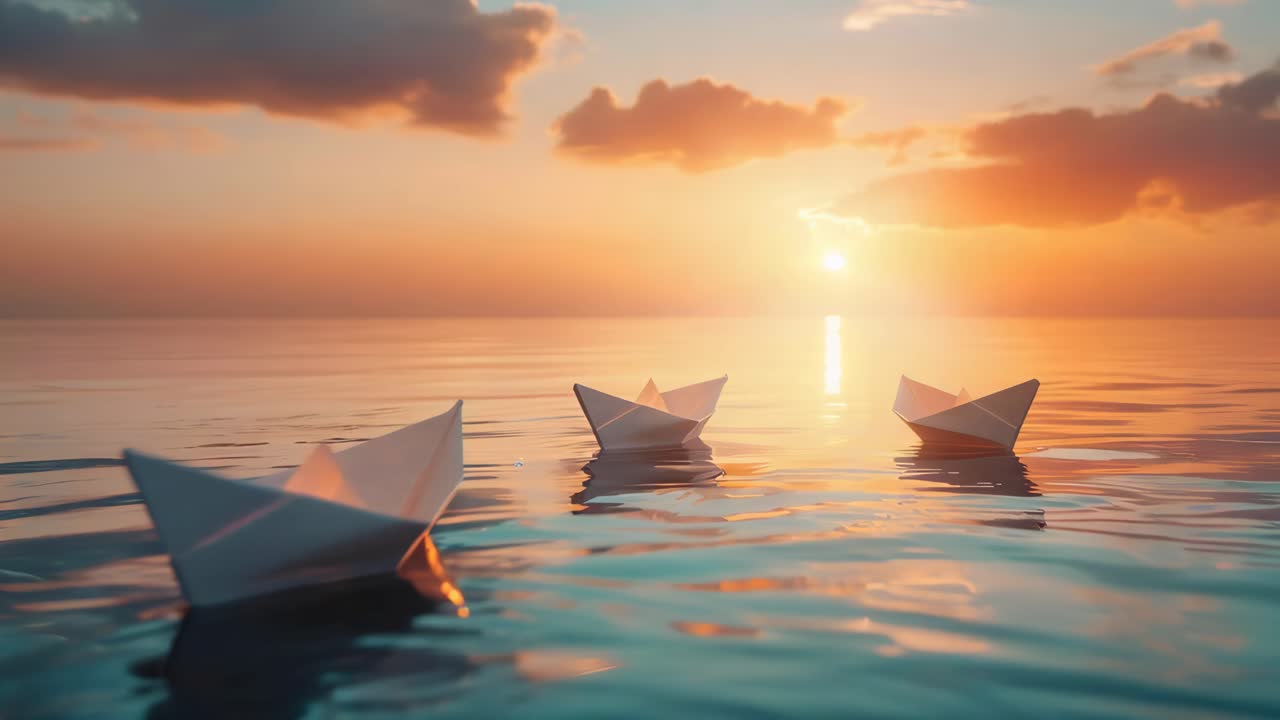 Paper Boats on a Calm Ocean Sunset
